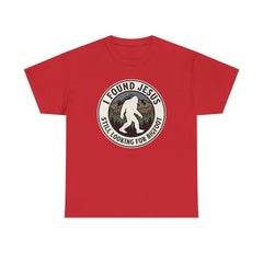 T-Shirt — I Found Jesus, Still Looking for Bigfoot Vintage Badge Graphic
