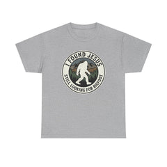 T-Shirt — I Found Jesus, Still Looking for Bigfoot Vintage Badge Graphic