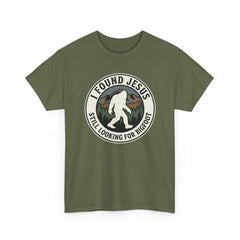 T-Shirt — I Found Jesus, Still Looking for Bigfoot Vintage Badge Graphic