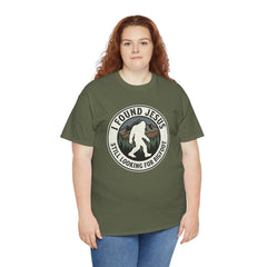 T-Shirt — I Found Jesus, Still Looking for Bigfoot Vintage Badge Graphic