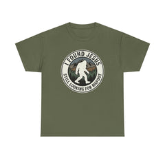 T-Shirt — I Found Jesus, Still Looking for Bigfoot Vintage Badge Graphic