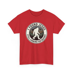 T-Shirt — I Found Jesus, Still Looking for Bigfoot Vintage Badge Graphic